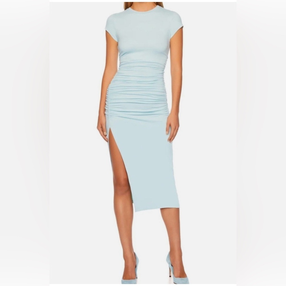 Susana Monaco Ruched Bodycon Maxi Dress Breathe Blue Slit 1222LTSD01051 Mens M